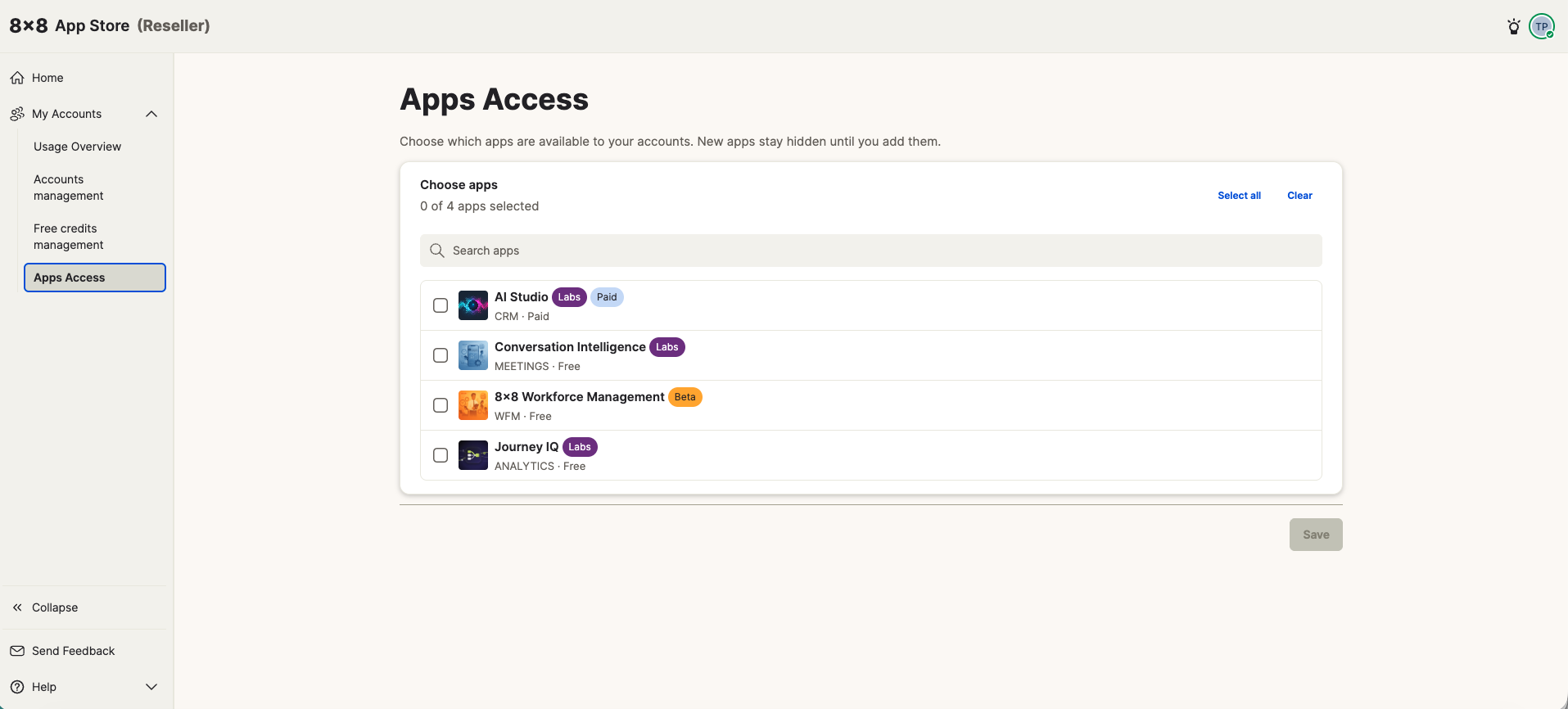 Apps Access page with no apps selected
