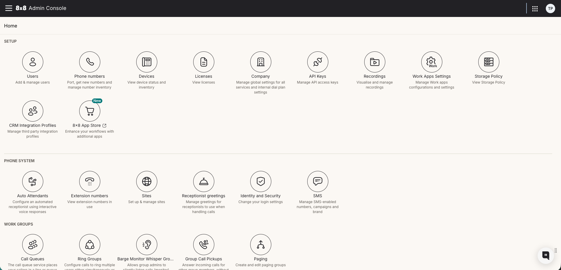 8x8 Admin Console home page showing the App Store tile in the Setup section