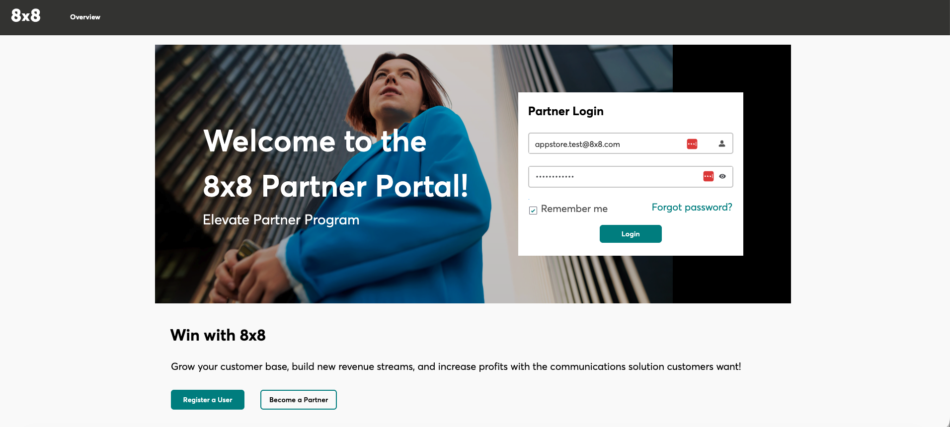 8x8 Partner Portal login screen